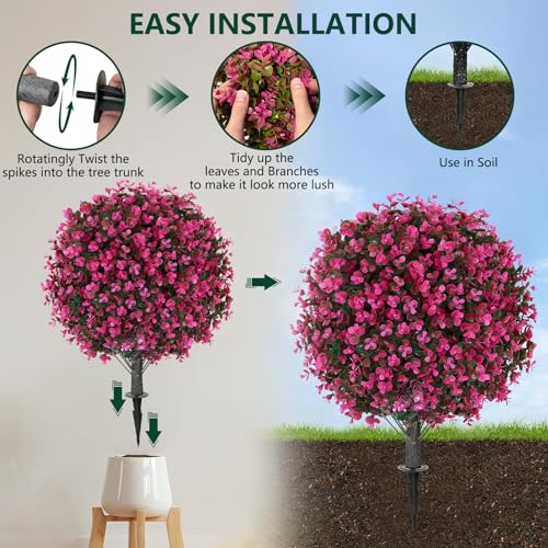 2 Pack 25" Artificial Red Eucalyptus Topiary Ball Tree for Outdoors Faux Evergreen Shrubs Plants with Ground Spike UV Resistant Fake Bushes Ball Trees for Outdoor Indoor Home Porch Patio Decoration - color: Red Eucalyptus