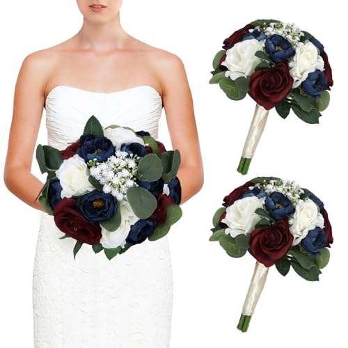 Set of 2 Bridesmaid Bouquets, 11 Inch Wedding Artificial Flower Bouquets for Wedding Ceremony Bridal Shower Decorations - Burgundy & Navy Blue - color: Burgundy & Navy Blue, size: Set of 2 Bouquets