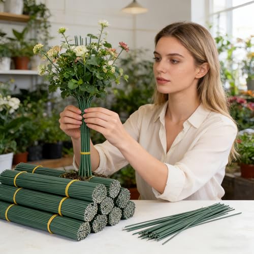100Pcs 14 Gauge Iron Wire Sticks for Flower Stem Making, DIY Artificial Floral Arrangements, Bridal Bouquet Stem Wrapping, Sturdy Plant Stand Support and Home Craft Projects (12 Inch/30cm, Green) - size: 12 Inch /30 cm