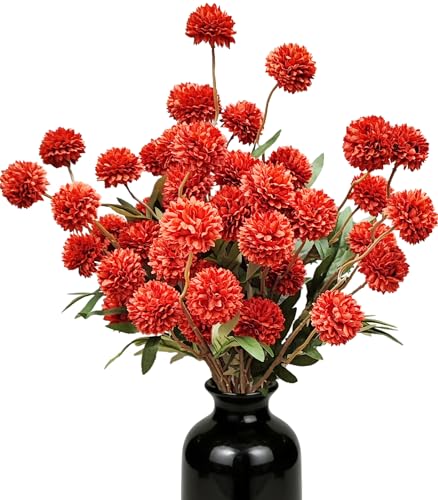 Kinisty 8 Pcs Artificial Flowers Red Faux Silk Pompon Mums, 20" Long Stem Fake Chrysanthemum Bouquet for Vase Farmhouse Home Decor, Wedding Centerpiece - color: Dark Red