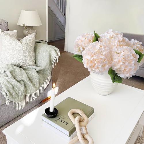JINWOE 5Pcs Boho Silk Hydrangea Artificial Flowers, 20Inch Large Lifelike Flowers, Full Nature Artificial Hydrangeas with Stems for Indoor Bouquet Table Centerpieces Home Bohemian（Nude&Champagne） - color: Champagne