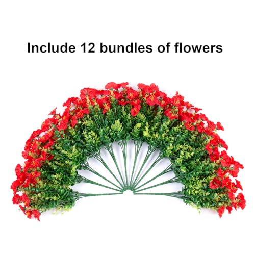 HyeFlora Artificial Flowers for Outdoors Fake Plants Outside Decoration, 12 Bundles Silk Red Morning Glory UV Resistant Look Real Faux Flowers for Planter Front Door Porch Patio Yard Gardens Balcony - color: Red