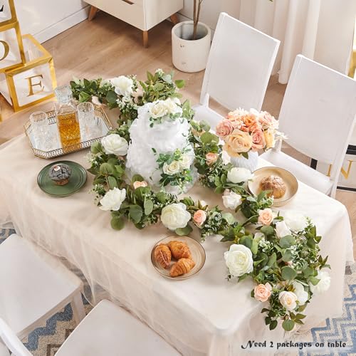 PONKING Flower Garland Artificial Rose Vine Flowers Hanging Fake Roses Vines for Wedding Birthday Party Valentines Christmas Room Wall Arch Decor, 2 White & 1 Light Pink Floral Garland Decorations - color: Huge Flower White Vines 5.4ft