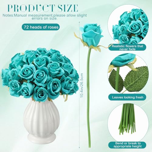 Hoteam 72 Heads Teal Artificial Flowers Turquoise Rose 6 Bouquet Wedding Decoration Faux Flower Arrangement Bouquet with Stem Bridal Shower Gift Floral Centerpiece for Tables - color: Lake Blue