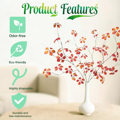 4 Pcs 38.5" Tall All-Orange Artificial Branches with Leaves, Realistic Faux Ficus Greenery Stems, Bendable Fake Plant Twigs for Tall Floor Vases, Home, Office Spring Decor(Autumn Five-Leaf) - color: Autumn Five-leaf
