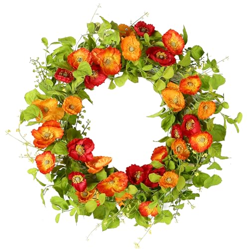 YNYLCHMX 20" Spring Summer Wreaths for Front Door, Artificial Floral Wreath with Poppy Flowers Green Tea Leaves, Green Foliage Wreath for Wall Window Farmhouse Party Holiday Home Decor - color: Artificial Poppy Flowers