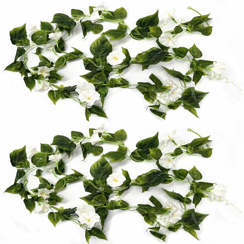 Artificial Morning Glory Flower Vines, Fake Hanging Plants Silk Garland Ivy Faux Green Leaves Vine Decoration for Home Bedroom Wedding Party Garden Wall Fence Stairway Baskets Decor White 2 Pack - color: Morning Glory Vines - White 2 Pcs