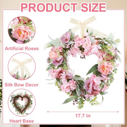 Suncalla 17.7 Inches Heart Shaped Hydrangea Wreath Pink Valentine's Day Floral Wreath with Ribbons Artificial Hydrangea Wreaths for Christmas Party Gifts Front Door Valentine's Day Wedding Decoration - style: Hydrangea