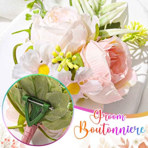 Wedding Rose Boutonniere Men Groom Flower Pin Wedding Suit Decoration (Pink) - color: Pink