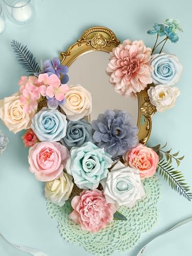 Pink Blue Flowers Combo Box, Light Blue Rose Silk Fake Flowers for DIY Floral Arrangements Wedding Bouquets Centerpiece Baby Shower Party Decoration (Blue Pink) - color: Blue Pink