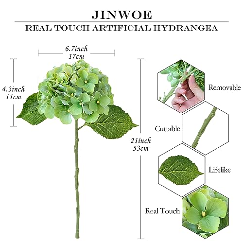 JINWOE 4PCS Real Touch Faux Hydrangea Flowers, 21" Green Latex Silk Flowers for Decoration,Vintage Fake Bouquet Flowers for Wedding Centerpieces Tables Party Outdoor Home Baby Showers - color: Green