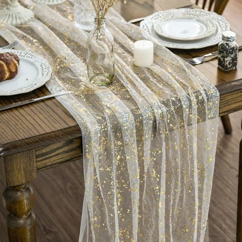 Artoid Mode 3Pcs Beige Gold Gauze Table Runner 120 Inch 10FT, Glitter Metallic Foil Sheer Dining Wedding Anniversary Holiday Birthday Table Decor for Home Party - color: Beige Gold, size: 28" x 120", 3pc