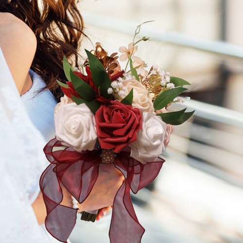 LEIFENY Wedding Bouquets for Bride, Burgundy & White Bridal Bridesmaid Flower with Silk Ribbon, Artificial Toss Rose for Civil Ceremony - color: Burgundy & White