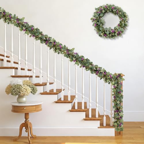 2Pack Eucalyptus Flower Garland with Violet 5.9Ft Artificial Ivy Greenery Hanging Vine Fake Ivy Floral Plants Garland for Wedding Outdoor Garden Party Background Table Runner, Total 11.8Ft, Purple - color: Purple Violet