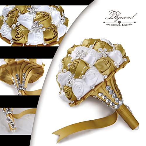 Handmade Wedding Flowers Bridal Bouquets Crystal Bride Holding Bouquet White Ivory Satin Roses with Diamond Pearl Ribbon.(Gold) - color: Lightgold