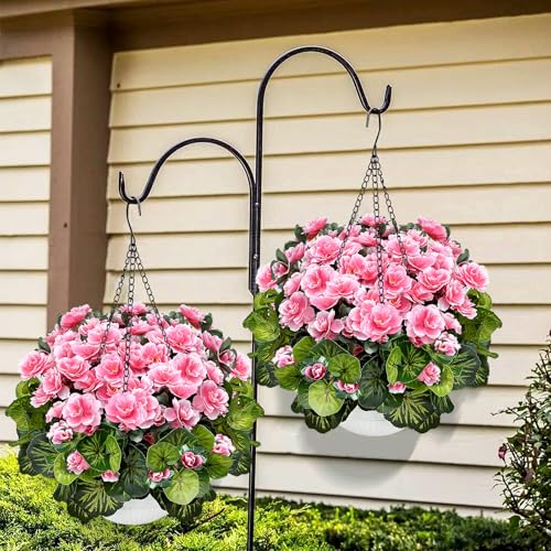 2 Sets Artificial Hanging Baskets Flowers for Outdoors, Already Assembly Silk Flower with Hanging Baskets UV Resistant Realistic for Spring Summer Garden Porch Yard Patio Outside Decor, Pink - color: Pink