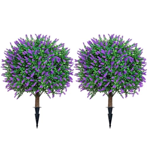 2 Pack Artificial Lavender Topiary Shrubs, 25 Inch UV Resistant Faux Greenery with Ground Plugs for Indoor Outdoor Porch, Patio & Garden Decor - color: Purple
