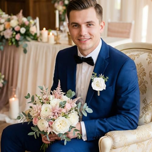 10 Pcs White Boutonniere for Men, Artificial Flowers Groom Groomsmen Vintage Wedding Corsage Rose for Wedding, Party, Ceremony Anniversary, Prom
