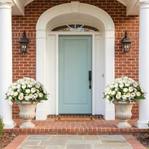 Yunlly 2 Set Artificial Boxwood Topiary Ball Trees with Rose Flowers 19.7'' UV Resistant Faux Greenery Shrubs Bushes with Ground Spike for Wedding Indoor Outdoor Front Porch Decor(White) - color: White