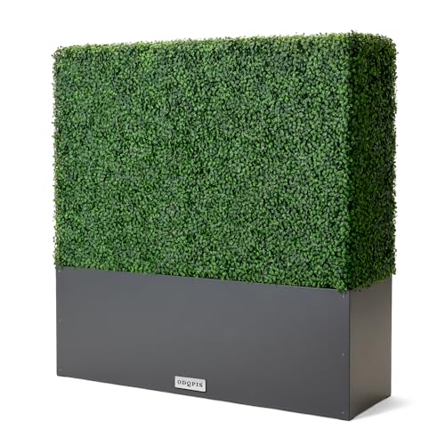 Artificial Boxwood Hedge Wall with Dark Grey Planter Box, Greenery Fake Faux Grass Panels Backdrop Divider 48" WX48 HX14 D - size: 48"WX48"HX14"D