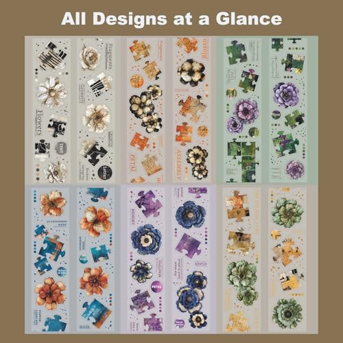 6-Roll Puzzle Piece Floral PET Tape Set – Pre-Cut Transparent Vintage Collage Flower Stickers for Scrapbooks Journals Planners Cards & DIY Craft Decoration - style: Floral Fragment