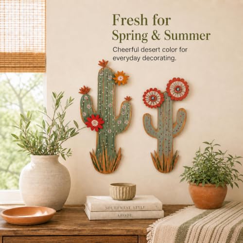 flangairy 15.7in Layered Cactus Wall Decor, Set of 2 Wooden Cactus Flower Picture Southwestern Wall Art, Western Room Bathroom Bedroom Nursery Kitchen Decorations for Home