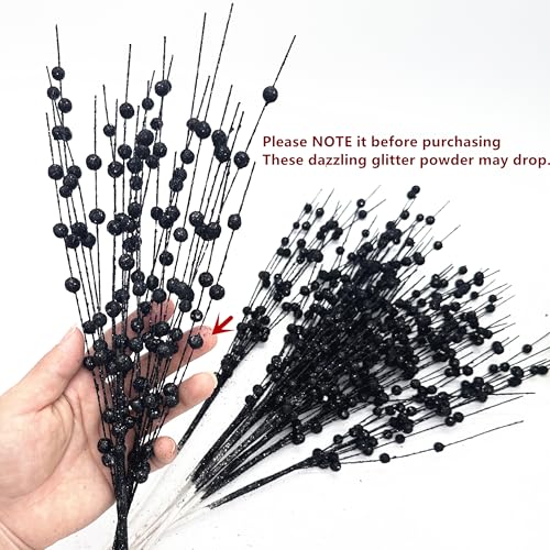 CATTREE Artificial Glitter Berry Stem Decorative, Fake Glitter Sticks Bead Pick Stems for Halloween Christmas Glittery Twigs Xmas Tree Wreath Crafts Vase Filler Home DIY Decor - 17 Inch Black 10 Pack - color: Glitter Berry Sticks - Black 10 Pack