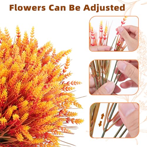 12 Bundles Artificial Fall Lavender Flowers for Outdoors UV Resistant Fake Monkey Grass with Flowers, No Fade Fake Mums Faux Plastic Shrubs Plants for Porch Garden Planters Window Box Decor, Orange - color: Orange, size: 12 Bundles