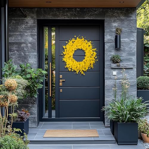 24 Inch Artificial Yellow Forsythia Flower Wreaths, Silk Leaves Paper Floral Wreath for Front Door, Spring Summer Decor, All Season Wreath for Wall Window Farmhouse Wedding Home Decor - color: Yelllow