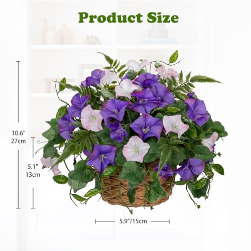 Briful Artificial Flower Arrangement with Rattan Basket Fake Potted Morning Glory Silk Flowers Faux Flower Table Centerpiece for Home Office Bathroom Wedding Farmhouse Decor(Pale Purple) - color: Pale Purple