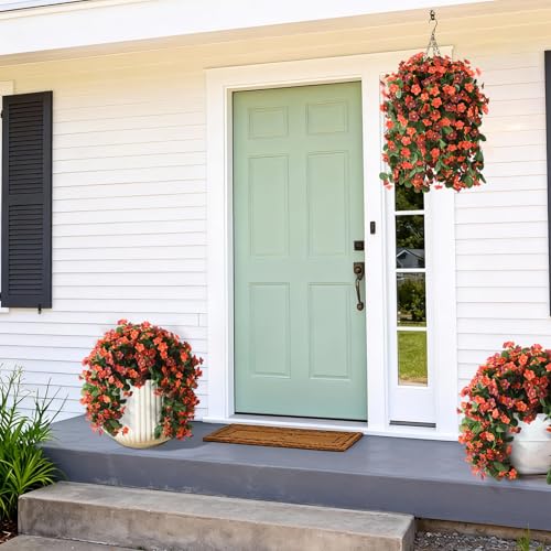 Artificial Fake Hanging Flowers for Outdoors, 2 Pcs Artificial Hanging Plants Outdoors Spring Summer Decor, UV Resistant Faux Violet Silk Flowers for Planters Front Door Yard Garden(Orange Brown) - color: Orange Brown