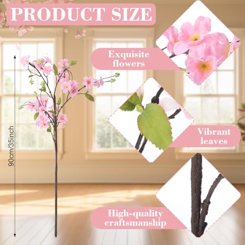 Giegxin 35in Pink Artificial Cherry Blossom Branches Fake Spring Faux Cherry Blossom Branch Intertwined with Green Budding Long Stem 3 Pcs for Vase Floral Arrangement Wedding Party Spring Decoration - color: Pink, size: 35 Inch, style: Cherry Blossom Bran