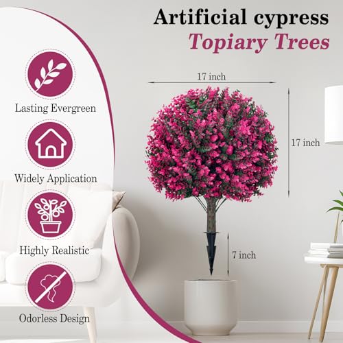 24" Artificial Pink Eucalyptus Topiary Ball Tree Set of 2, UV Resistant Fade-Proof Faux Evergreen Shrubs, Realistic Fake Plant for Indoor Outdoor Garden Patio Front Porch Landscaping - color: Pink Eucalyptus