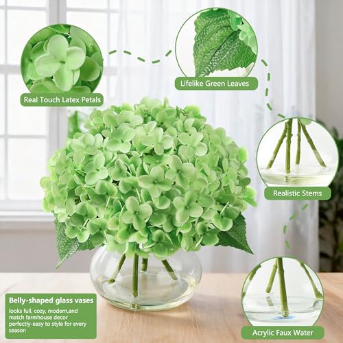 Real Touch Faux Hydrangea Flowers in Glass Vase, No Watering Needed Silk Hydrangea Artificial Flowers for Farmhouse Wedding Decor Dining Table Centerpiece Bedroom Decor - color: Light Green