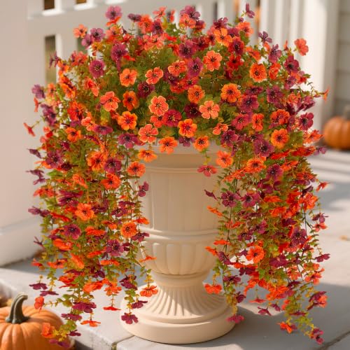 Fake Mums Artificial Fall Hanging Flowers for Outdoors Decoration 2 PCS Faux Mums for Outdoor Planters Fake Plants Look Real Daisy Flower No Fade Autumn Decor for Porch Home Patio Balcony and Yard - color: Orange Brown