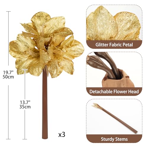 Briful Amaryllis Artificial Christmas Flower Stems, 19.7" Gold Glitter Faux Amaryllis with Detachable Heads for Xmas Home Party Wedding Bouquet Vase Arrangement Decor - color: Gold