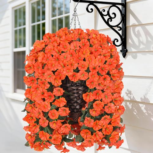 HyeFlora Artificial Fake Hanging Flowers Plants Baskets for Outdoor Decoration, Faux Silk Orange Morning Glory in Planter UV Resistant Look Real for Home Porch Patio Balcony Yard Decor - color: Orange Morning Glory