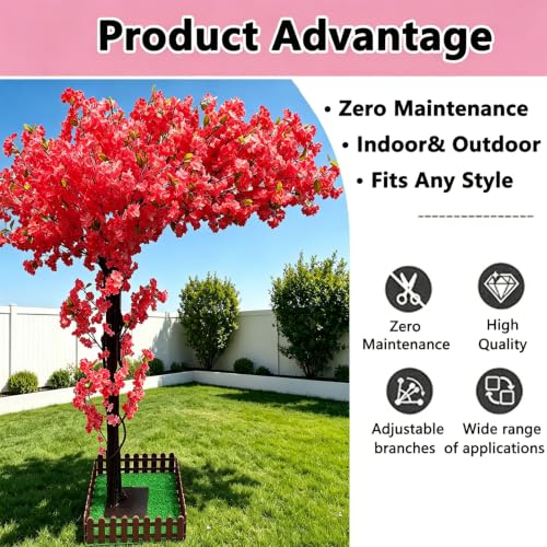 8.2FT Large Artificial Cherry Blossom Trees Red for Home Decor Indoor Outdoor,Japanese Fake Cherry Blossom Tree for Office Shopping Mall Hotel Restaurant Garden Party Wedding - color: Red, size: 8ft 2in