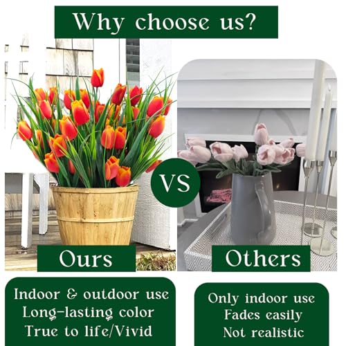 12 Bundles 60 Heads Artificial Tulips Fake Flowers Outdoor UV Resistant Silk Tulip Faux Plastic Greenery Shrubs Plants for Outside Planter Porch Garden Patio Decor (Orange) - color: Orange