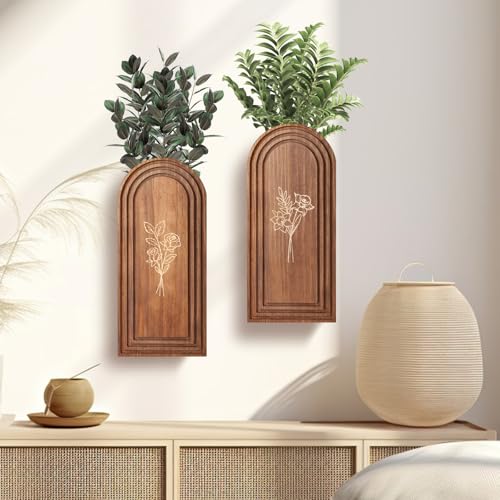 Rustic Wood Wall Planter - Decorative Hanging Vase for Dried Flowers & Artificial Plants, Farmhouse Wall Art Decor for Living Room & Entryway, Set of 2 Faux Greenery Holder (Not for Live Plants) - size: 2pack-Brown