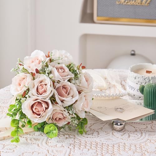 Pink Champagne Roses 10 in, Fake Flowers Wedding Bouquets for Bride, Wedding Silk Artificial Flowers 10pcs for Wedding Party, Ceremony, Anniversary & Home Decor (Come with 3 Styles of 4.5 ft Ribbons) - color: Pink Champagne, size: 10 pcs * 10 inches