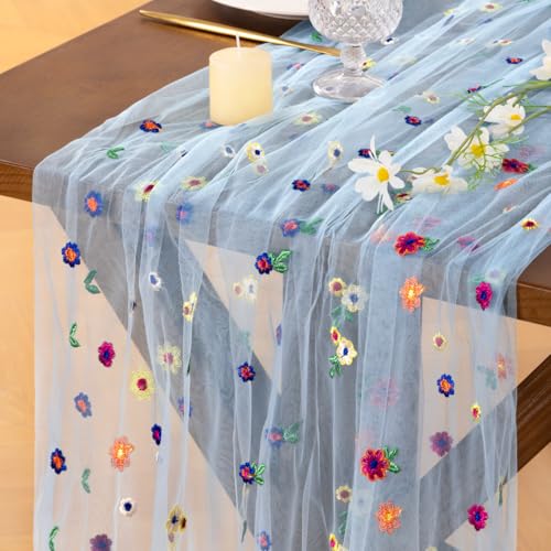 Socomi Flower Table Runner Summer Daisy Floral Tulle Gauze Cheesecloth Embroidery Table Runners for Tea Party Garden Wedding Bridal Baby Shower Birthday Picnic Decor Blue 3pcs - color: Daisy Blue, size: 10ft X 3pcs