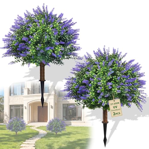 27.55'' Artificial Lavender Topiary Trees, 2 Sets Faux Boxwood Topiary with Spikes,Fake Shrubs Plants for Outdoor Planters, UV Resistant Round Topiary Bush Pot Filler for Front Porch Garden Home Decor - color: Lavender Boxwood-27.55"