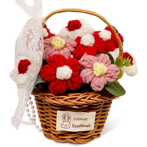 Crochet Sunflowers Bouquet, Handmade Knitted Sunflower Basketed for Mom, Friends, Teacher Appreciation Gifts, Desk Decor, Christmas, Graduation, Cute Birthday Gifts for Woman (Basket Pink-Red) - color: Basket Pink-red