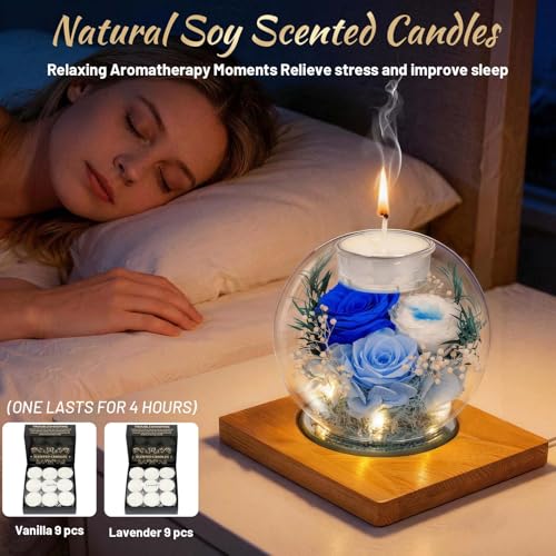 Preserved Blue Real Rose in Glass with Scented Candles – Forever Flower Romantic Anniversary Christmas Birthday Valentines Mothers Day Gifts for Mom, Women, Wife, Girlfriend, Her, Grandma - color: Glass-Blue