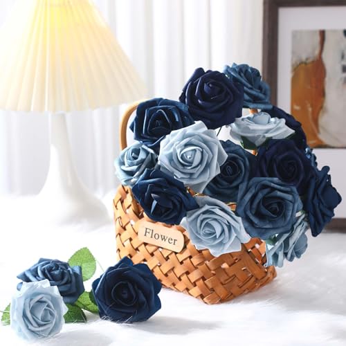 50 Pcs Artificial Foam Rose Flower Faux Bouquet Wedding Fake Rose Gift for Mother's Day Women DIY Bridal Shower Party Table Birthday Home Spring Decor (Shades of Blue) - color: Shades of Blue