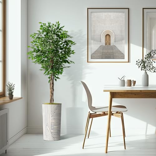 Artificial Tree in Geometric Pattern Planter, Fake Ficus Silk Tree for Indoor and Outdoor Home Decoration - 75" Overall Tall (Plant Pot Plus Tree) - style: Ficus Tree