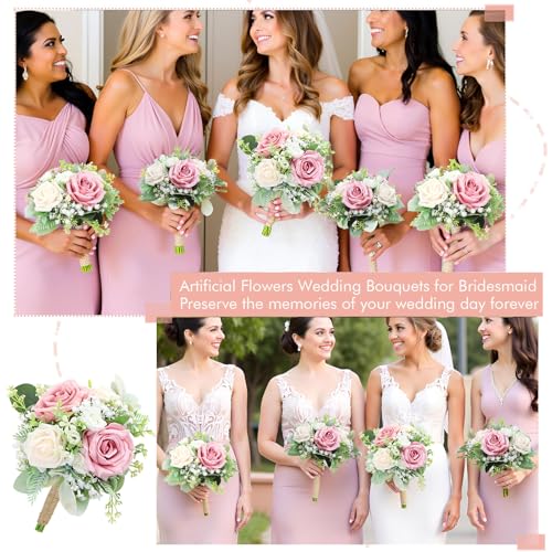 Pink Bridesmaids Bouquets Set of 6 - 7 Inch Artificial Flowers Bridesmaid Bouquet for Wedding Pre-Made Rustic Rose Small Floral Bouquets for Bridal Shower Marriage Proposal Party Anniversary Decor - color: Green & Blush Pink, size: 6pcs