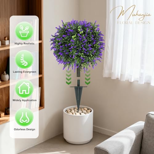 Muhanjia Artificial Boxwood Topiary Ball with Lavender,Set of 2,UV Resistant Artificial Shrub Bushes with Ground Spike,Fake Evergreen Plant Easy to Insert in Ground for Porch Outdoor Indoor (Lavender) - color: Lavender