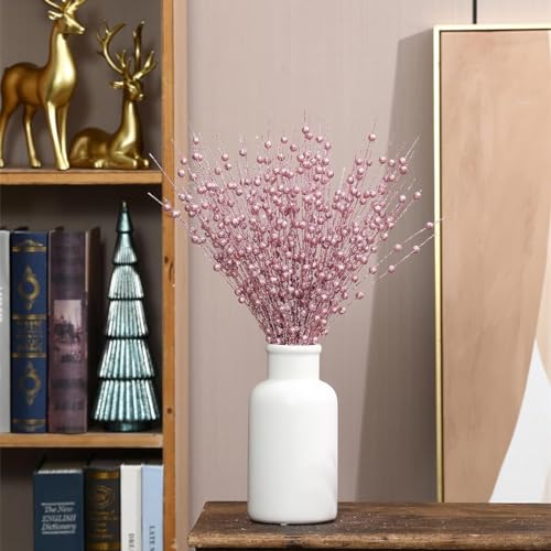 Artificial Glitter Berry Stem Ornaments 17” Decorative Faux Bright Berries Flowers Decorations Picks Bead Sticks Branches for Home Christmas Tree Decor DIY Wreath Crafts - Champagne Pink 10 Pack - color: Glitter Berry Sticks - Champagne Pink 10 Pack